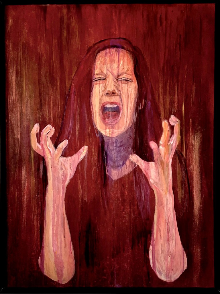 A white woman holds up her hands and screams. Her long brown hair fades into the brown background. The paint is textured as though rain has fallen upon it. 