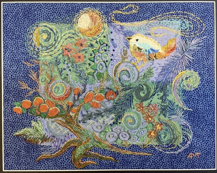 Garden Song is created by embroidery and has beautiful detail in needling the textures of a bird's feathers and leaves and petals of flowers. 