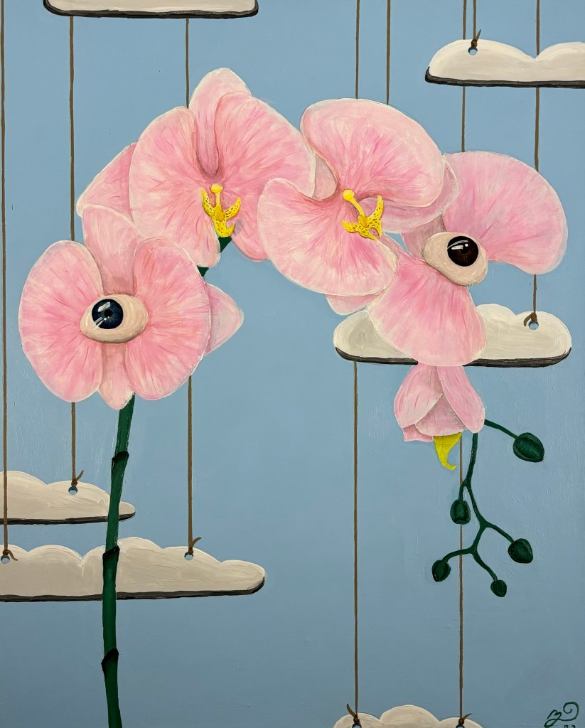 In a surreal landscape, some pink orchids have googly eyes and clouds hang from strings. 