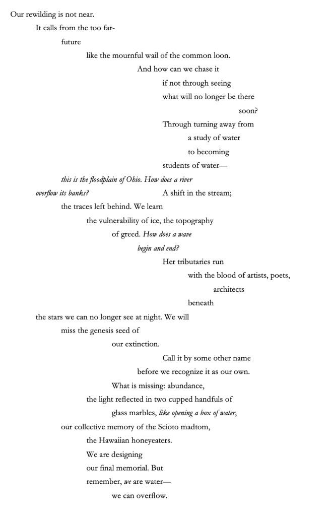 Our rewilding is not near.
It calls from the too far-
future
like the mournful wail of the common loon.
And how can we chase it
if not through seeing
what will no longer be there
soon?
Through turning away from
a study of water
to becoming
students of water—
this is the floodplain of Ohio. How does a river
overflow its banks? A shift in the stream;
the traces left behind. We learn
the vulnerability of ice, the topography
of greed. How does a wave
begin and end?
Her tributaries run
with the blood of artists, poets,
architects
beneath
the stars we can no longer see at night. We will
miss the genesis seed of
our extinction.
Call it by some other name
before we recognize it as our own.
What is missing: abundance,
the light reflected in two cupped handfuls of
glass marbles, like opening a box of water,
our collective memory of the Scioto madtom,
the Hawaiian honeyeaters.
We are designing
our final memorial. But
remember, we are water—
we can overflow.
